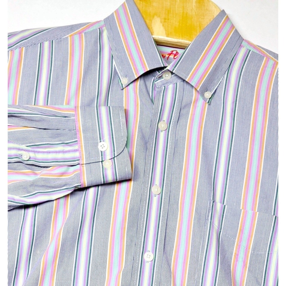 Alan Flusser Striped Button Down Shirt‎ Long Sleeve Cotton Colorful Mens L